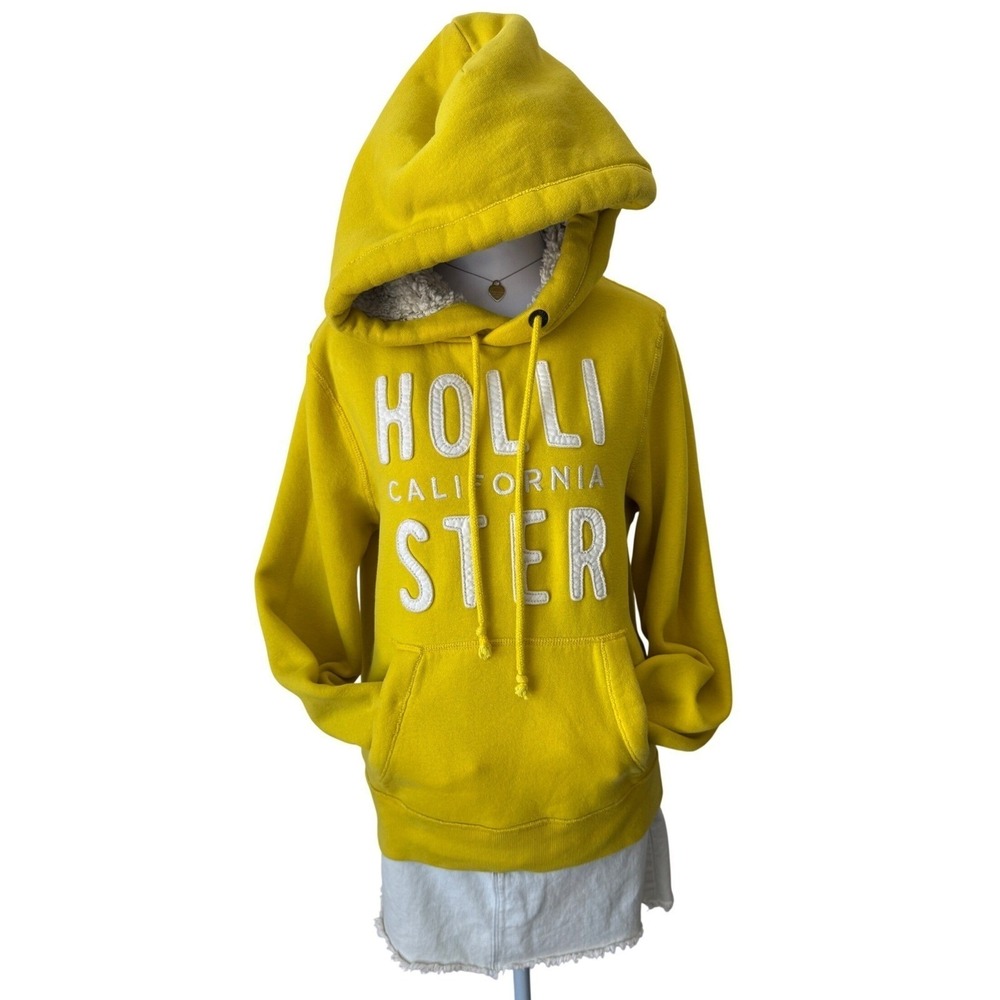 Hollister Hoodie Sherpa Lined Logo Sweatshirt Yellow Faux Fur Y2K Surf Small